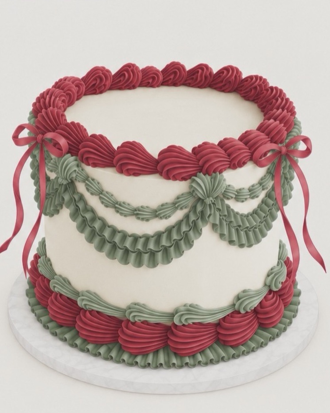 Weisse Mini-Torte mit roten und grünen Buttercreme-Girlanden und roten Schleifen